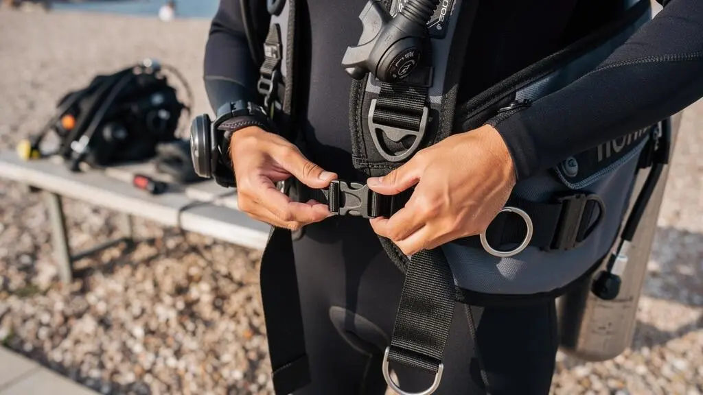 Un plongeur règle la sangle abdominale et les sangles d'épaule de son stabilisateur dorsal avant une plongée.